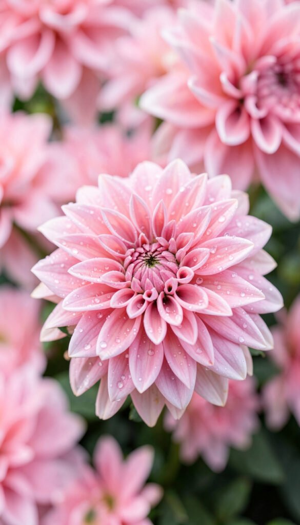 Dalias rosadas con rocío - flores románticas delicadas