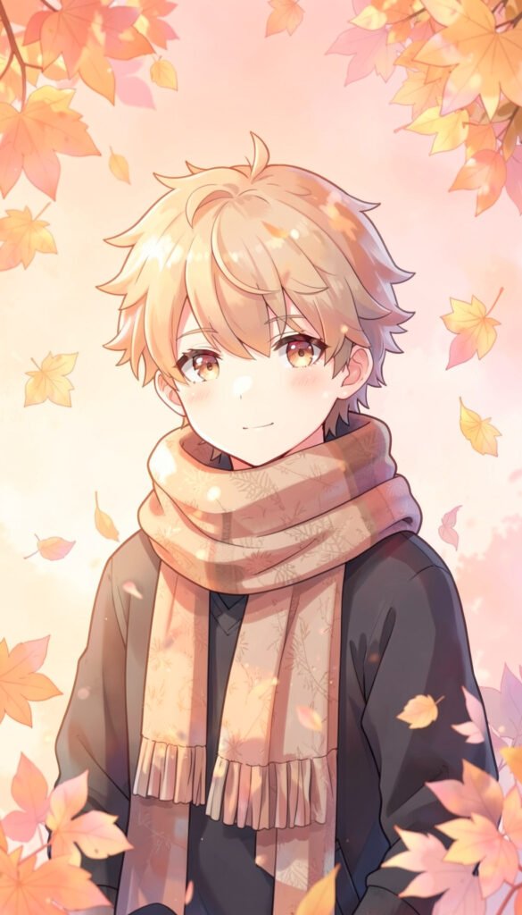 Chico con bufanda y hojas de otoño - Fotos de perfil kawaii aesthetic