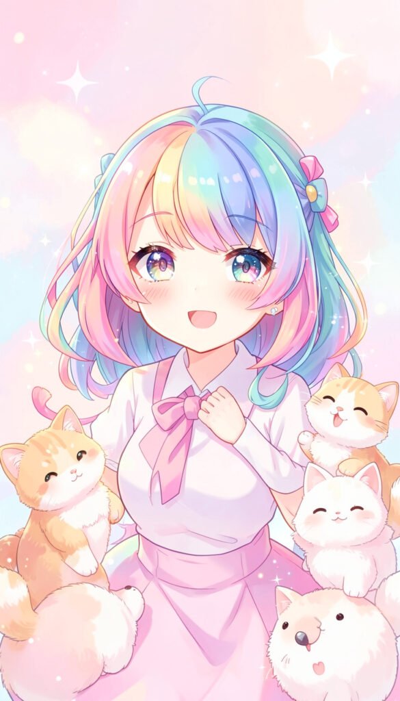 Chica anime con gatos kawaii - imágenes anime kawaii