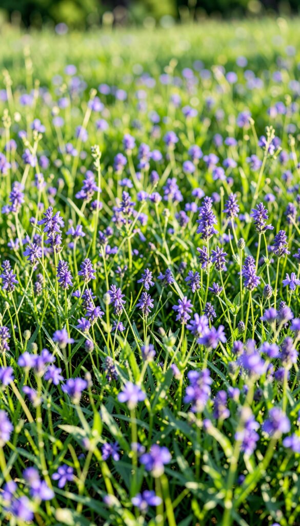 Pradera con flores púrpuras y verdes - Fotos de flores silvestres naturales