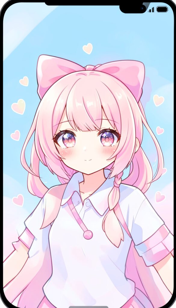 Chica con moño y fondo de corazones - Fotos de perfil kawaii aesthetic