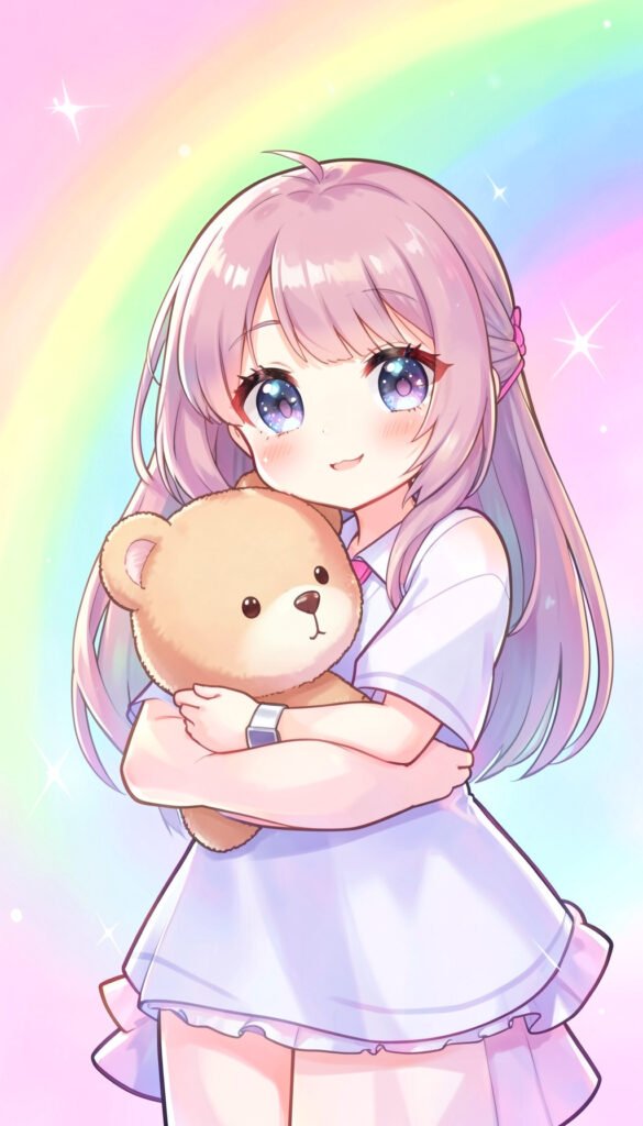 Niña con osito y fondo arcoíris - Fotos de perfil kawaii aesthetic