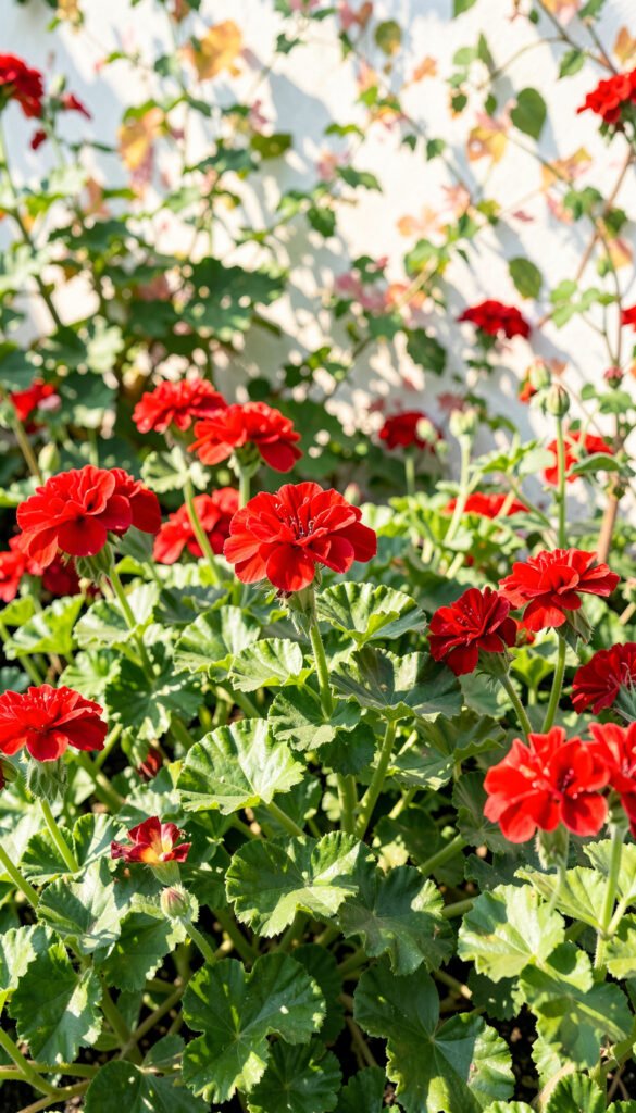 Geranios en jardín - flores naturales rojas elegantes