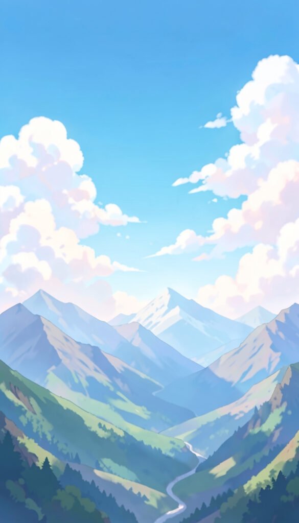 Montañas y nubes suaves - Fondos anime aesthetic modernos y