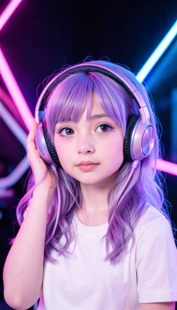 Chica kawaii con auriculares y luces de neón - Fotos kawaii chicas lindas y