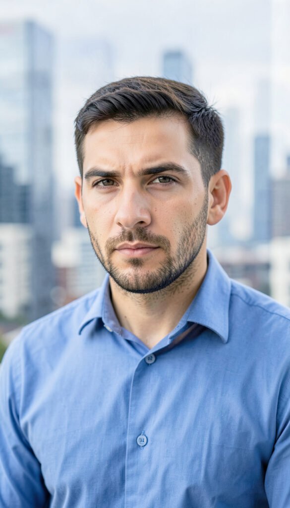 Fondo desenfocado y camisa azul - Fotos de perfil para hombres