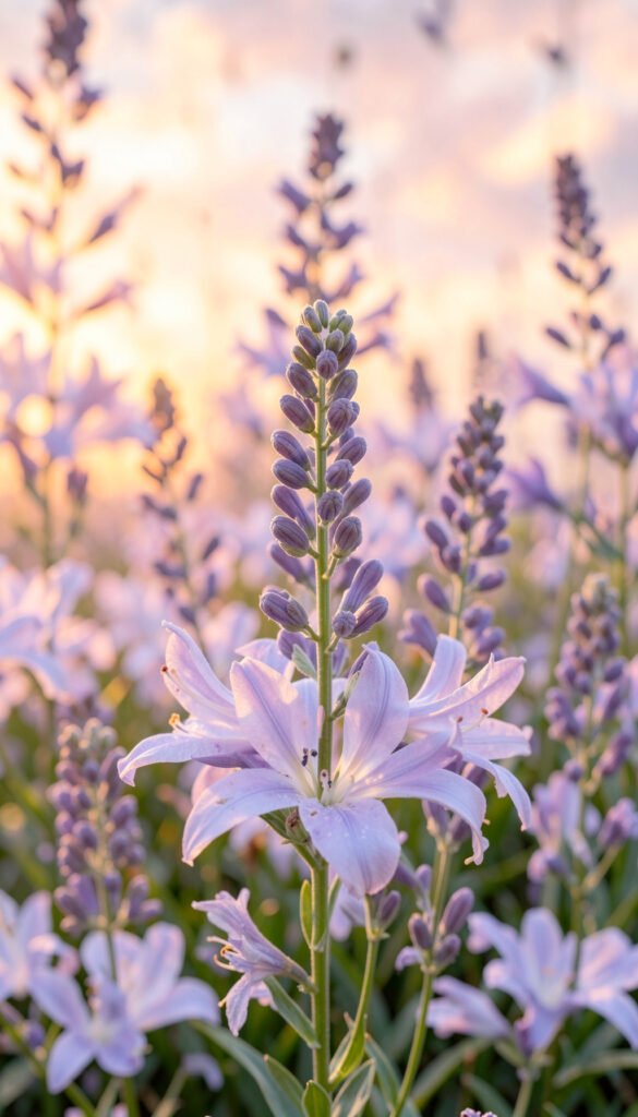 Lirios lavanda al atardecer - flores románticas delicadas