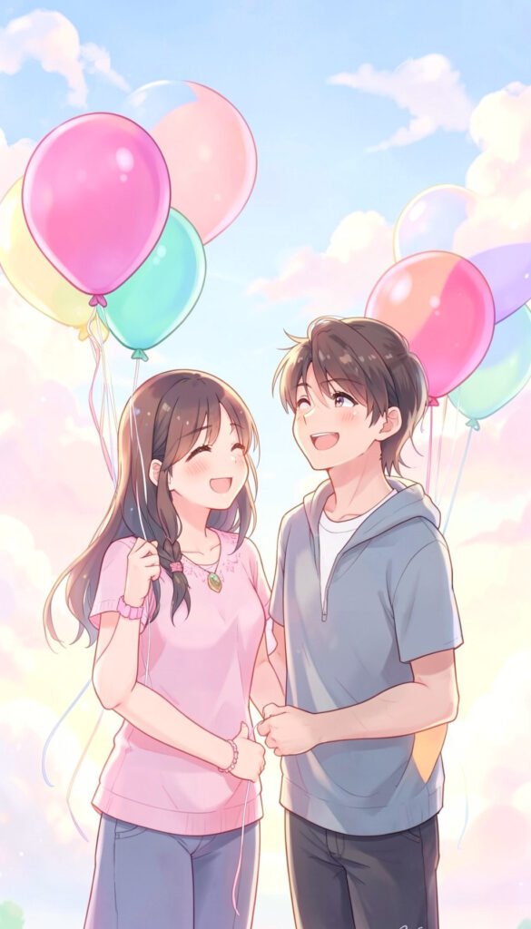 Pareja anime con globos de colores - Fotos de perfil kawaii aesthetic
