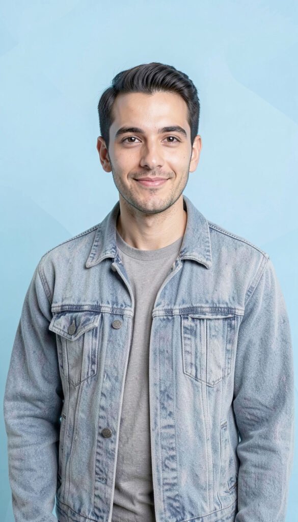 Fondo azul suave y chaqueta casual - Fotos de perfil para hombres