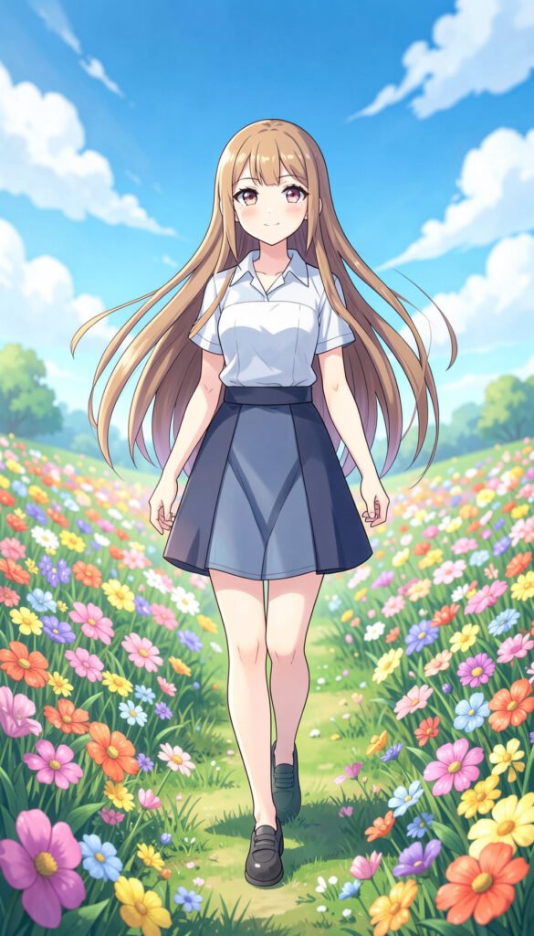 Chica anime en campo de flores - Fondos Anime HD para iPhone