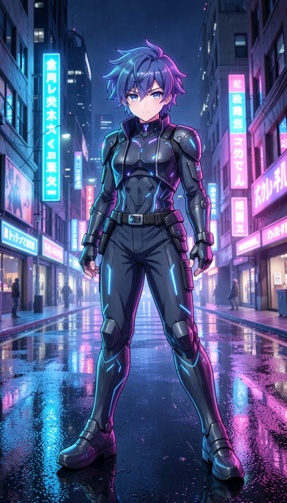 Personaje cyberpunk en ciudad futurista - Fondos Anime HD para iPhone