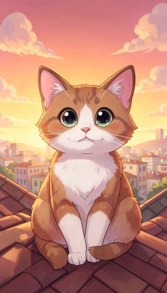 Gato anime sobre tejado al atardecer - Fondos Anime HD para iPhone