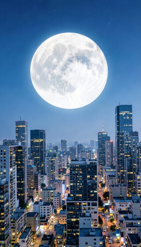 Ciudad iluminada y luna - Fondos de Cielo Nocturno con