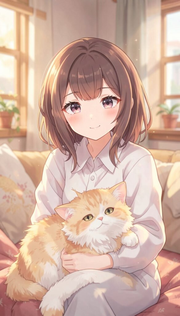 Chica Anime y Gato - Fondos de pantalla anime chicas 4K
