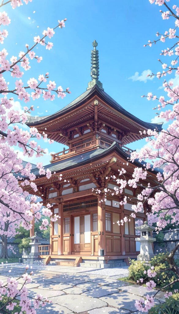 Templo Tradicional en Primavera - Fondos de Anime Japonés para