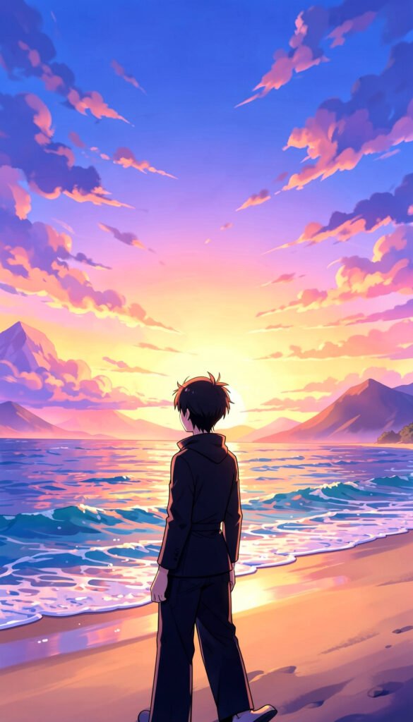 Atardecer en la Playa - Fondos de Anime Japonés para