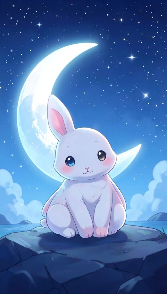 Conejito tierno bajo la luna - Fondos Kawaii Anime para iPhone