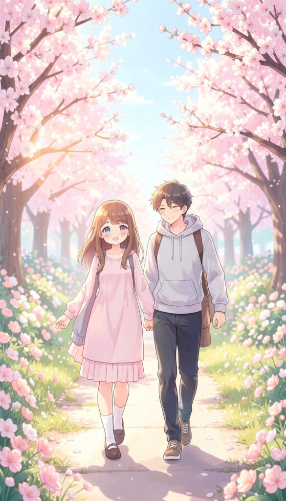 Pareja anime en parque floreado - Fondos Kawaii Anime para iPhone