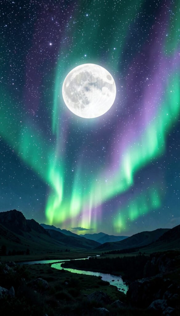 Luna y auroras boreales - Fondos Aesthetic de Luna para