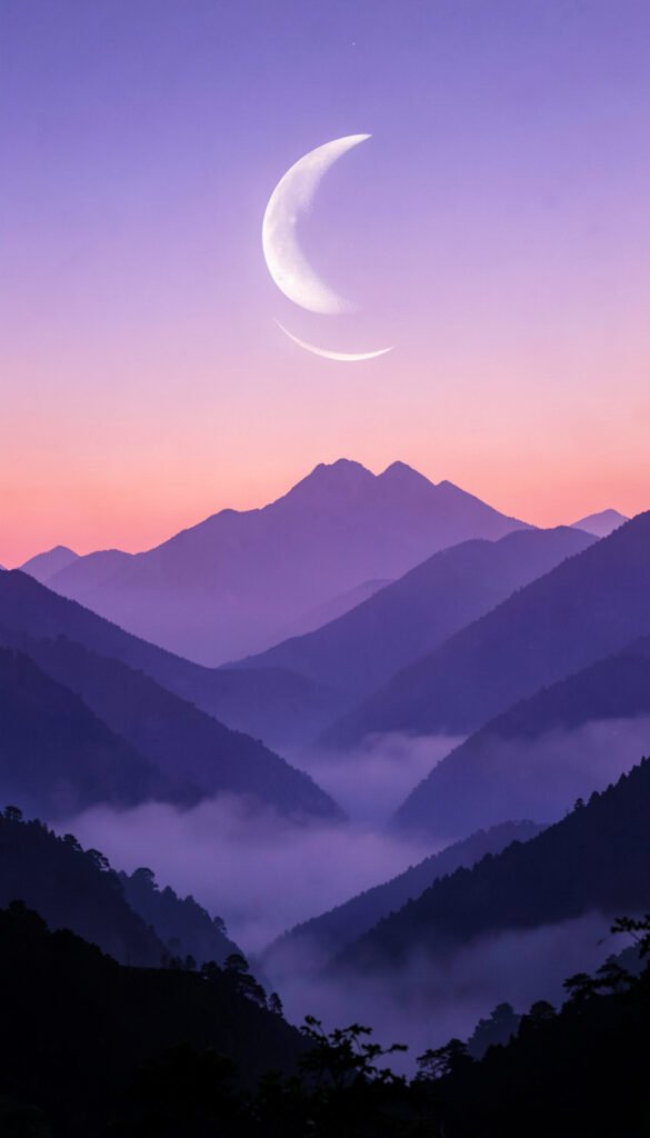 Montañas púrpura y luna creciente - Wallpapers de Atardecer y Luna