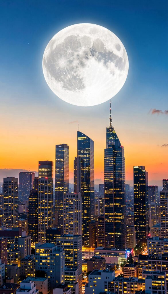 Ciudad iluminada y luna gigante - Wallpapers de Atardecer y Luna