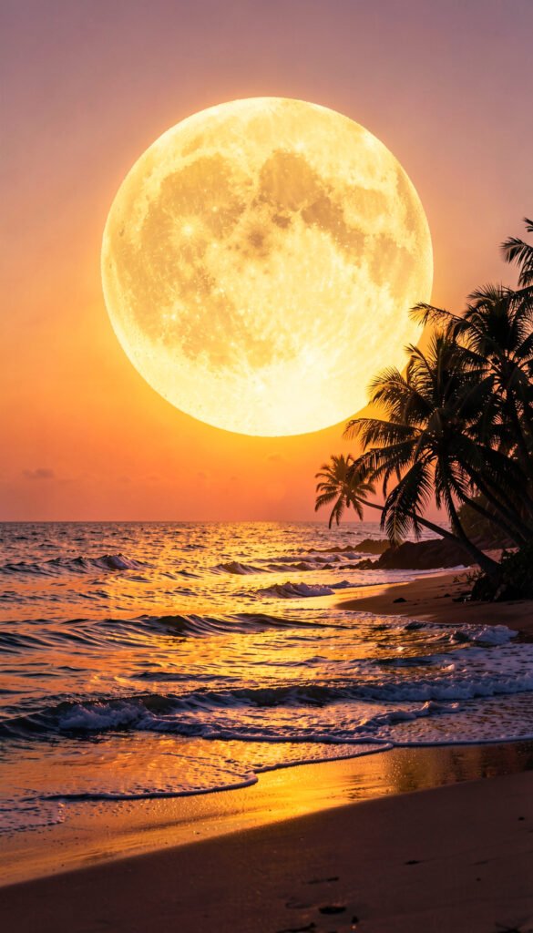 Playa tropical y luna dorada - Wallpapers de Atardecer y Luna