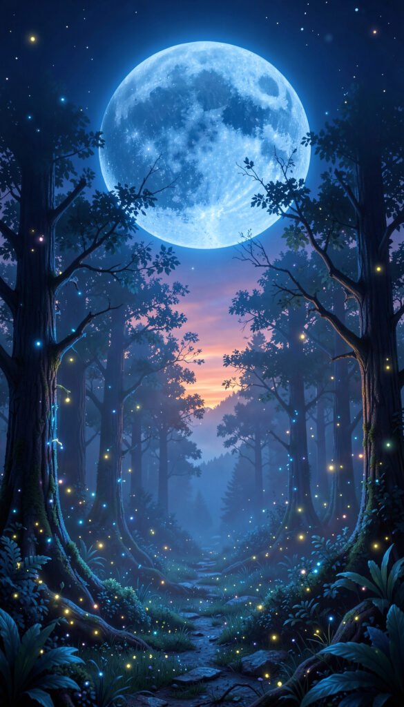 Bosque mágico con luna azul - Wallpapers de Atardecer y Luna