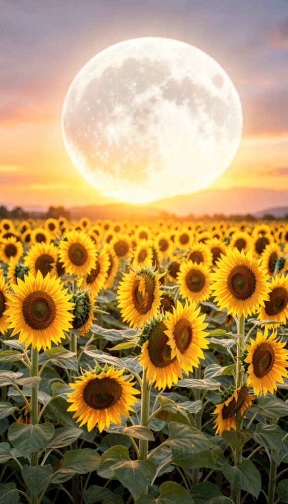 Campo de girasoles y luna al fondo - Wallpapers de Atardecer y Luna