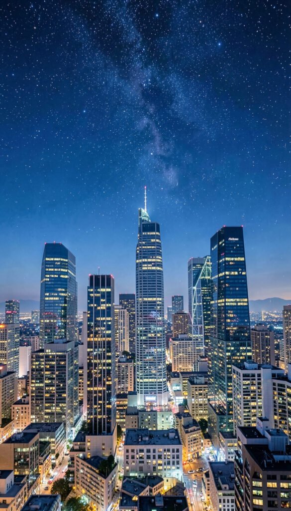 Ciudad iluminada y cielo estrellado - Fondos de Noche Estrellada para
