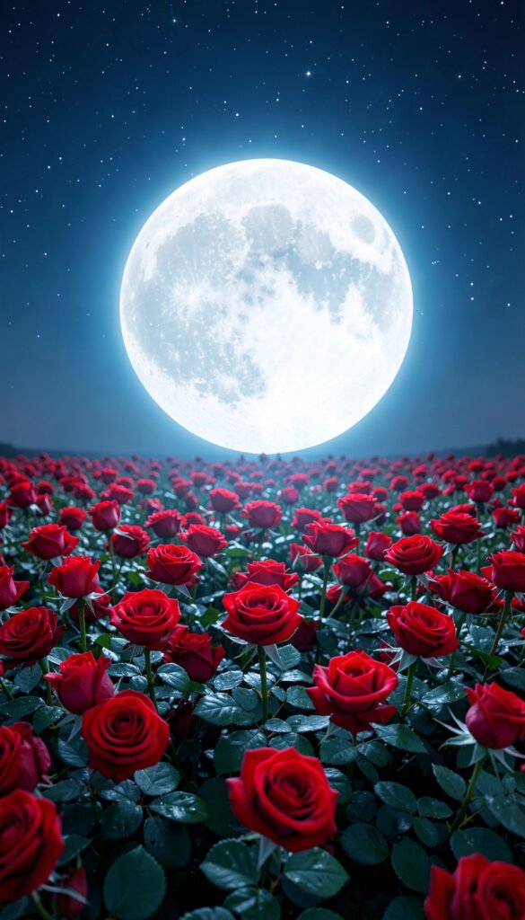 Luna llena entre rosas - Fondos de Flores y Luna