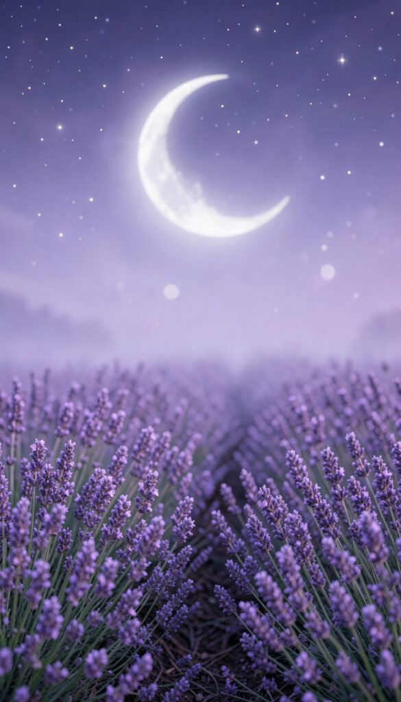 Jardín de lavanda y luna creciente - Fondos de Flores y Luna