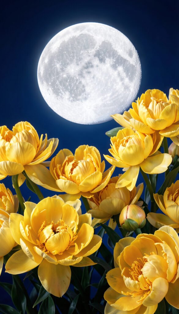 Peonías doradas y luna plateada - Fondos de Flores y Luna