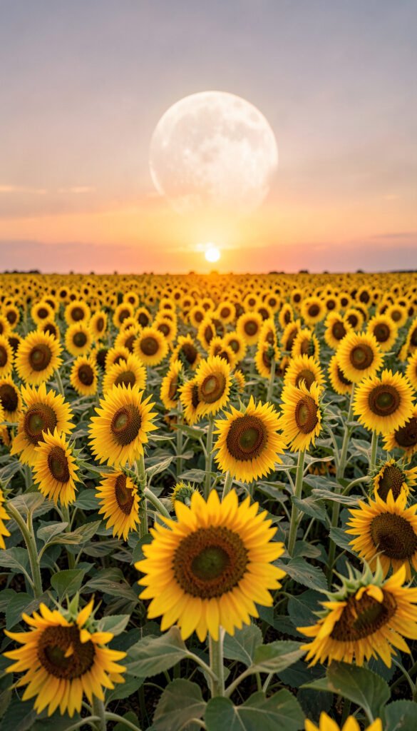 Campo de girasoles y luna al atardecer - Fondos de Flores y Luna