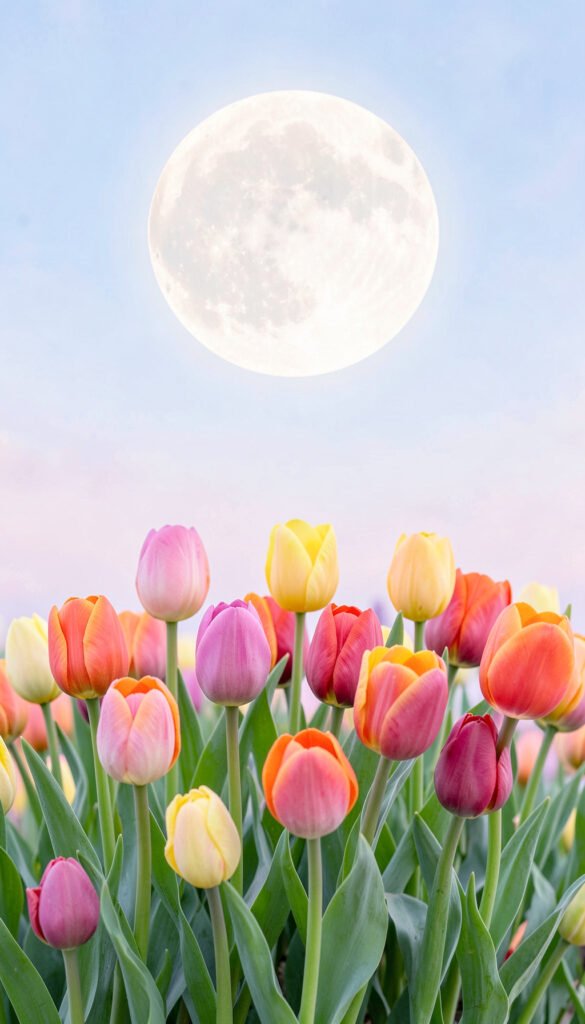 Ramo de tulipanes y luna de primavera - Fondos de Flores y Luna