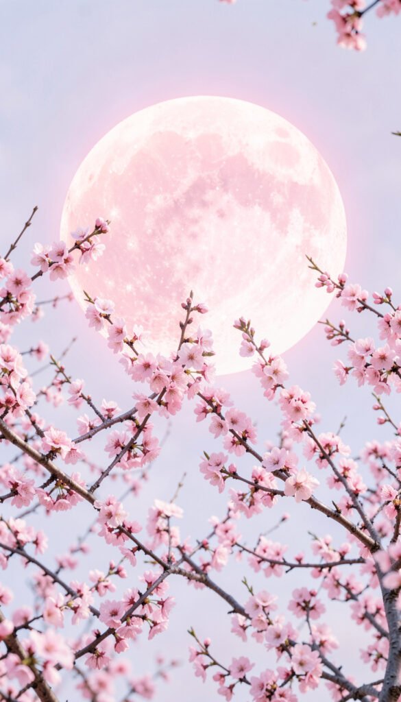 Luna rosada y sakuras en flor - Fondos de Flores y Luna