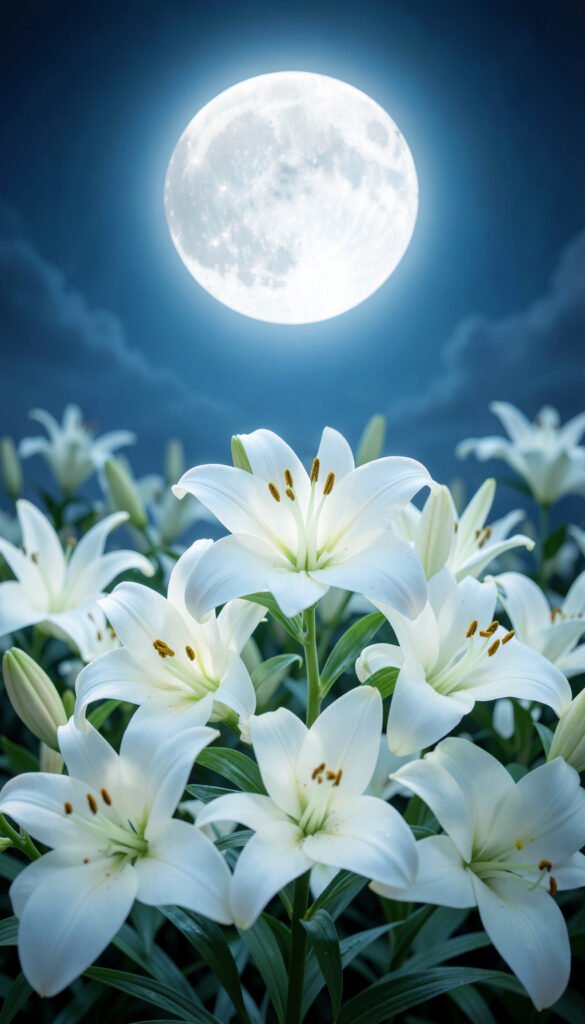 Lirios nocturnos y luna brillante - Fondos de Flores y Luna