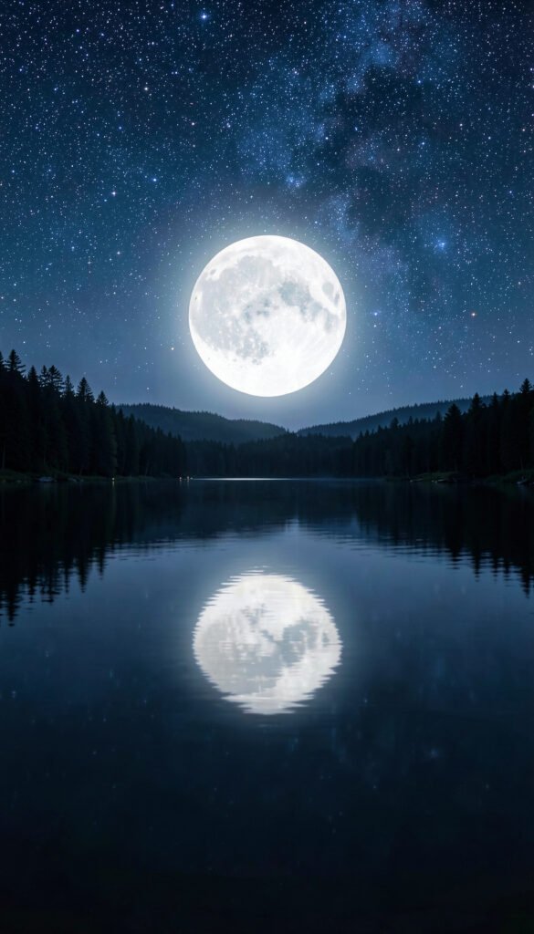 Luna reflejada en lago tranquilo - Fondos de Luna y Estrellas
