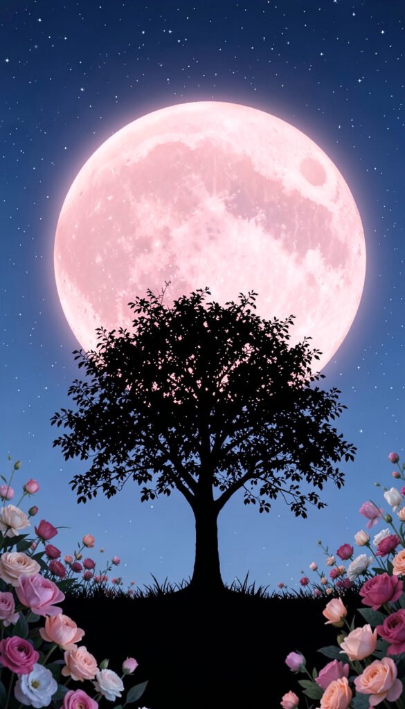 Luna Rosa y Silueta de Árbol - Fondos de Luna Rosa para