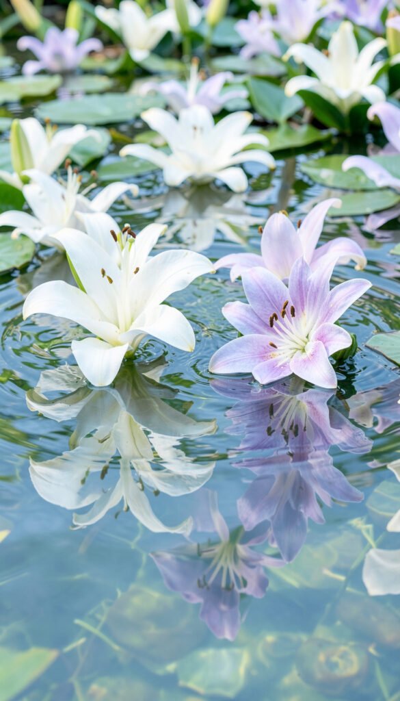 Lirios blancos y morados en agua - Flores coloridas HD gratis