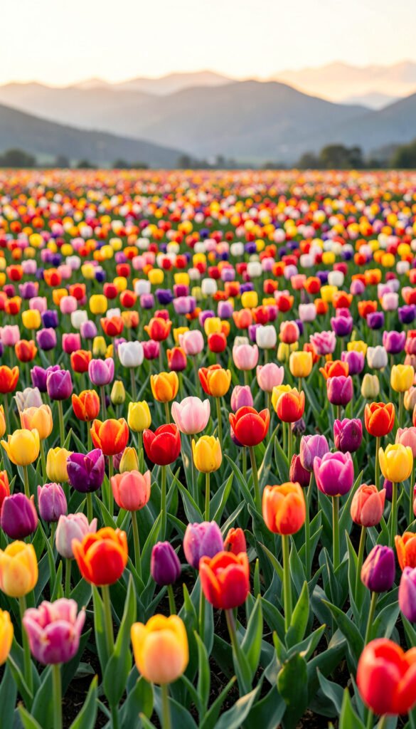 Campos de Tulipanes al Amanecer - Flores Primaverales con Paisajes Naturales