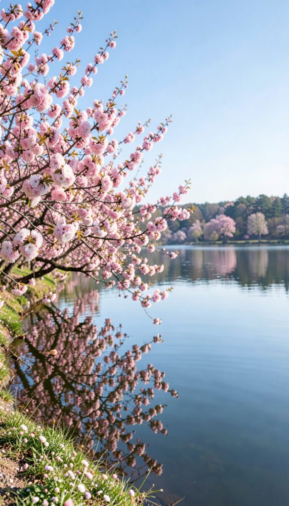 Cerezos en Flor junto al Lago - Flores Primaverales con Paisajes Naturales