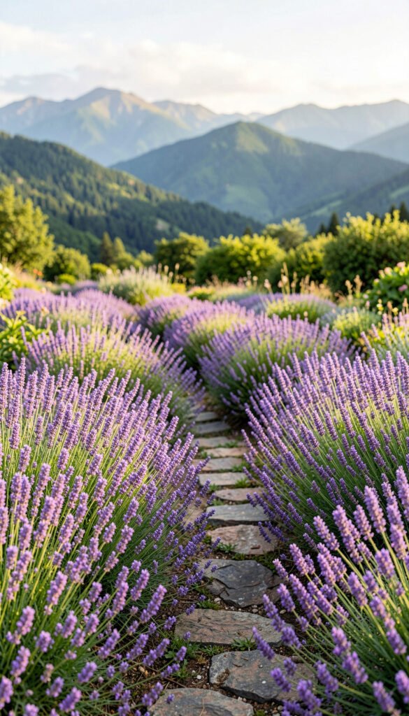 Jardín de Lavandas y Montañas - Flores Primaverales con Paisajes Naturales