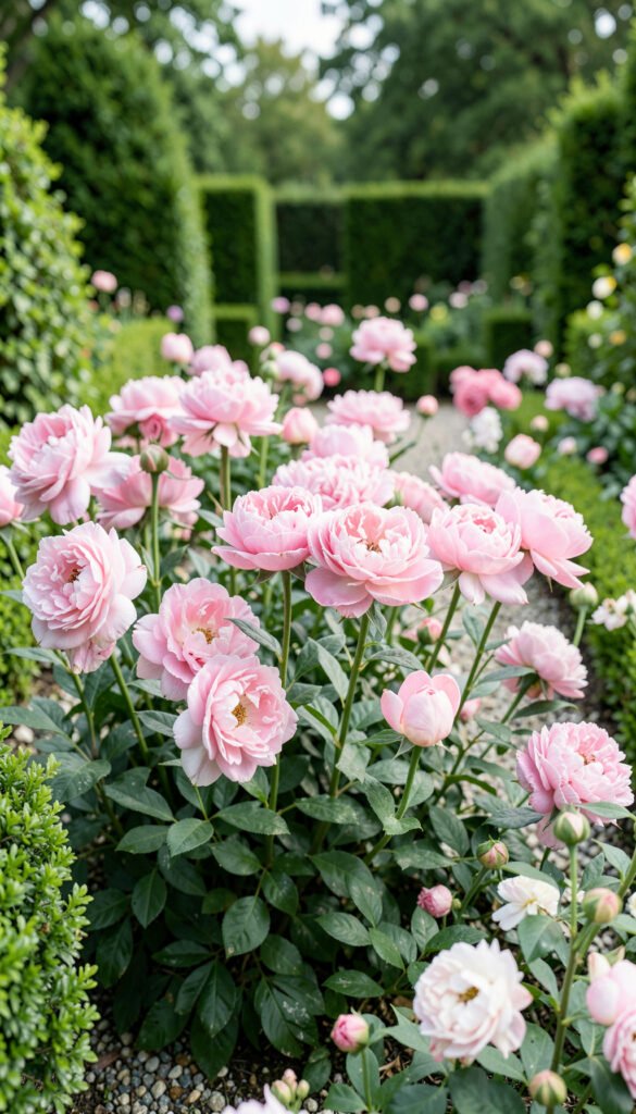 Peonías Rosas en Jardín Clásico - Flores Primaverales con Paisajes Naturales
