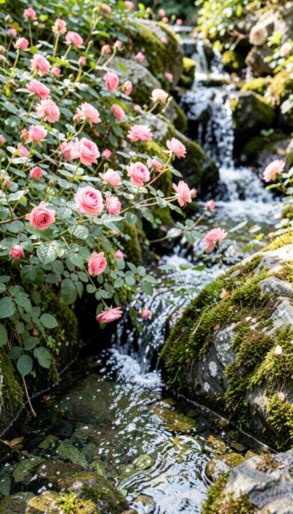 Rosas y Agua en Cascada - Flores Primaverales con Paisajes Naturales