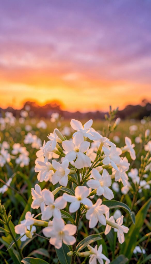 Jazmines al Atardecer - Flores Primaverales con Paisajes Naturales