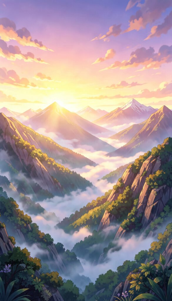 Paisaje de montaña al amanecer - Imágenes anime alta calidad