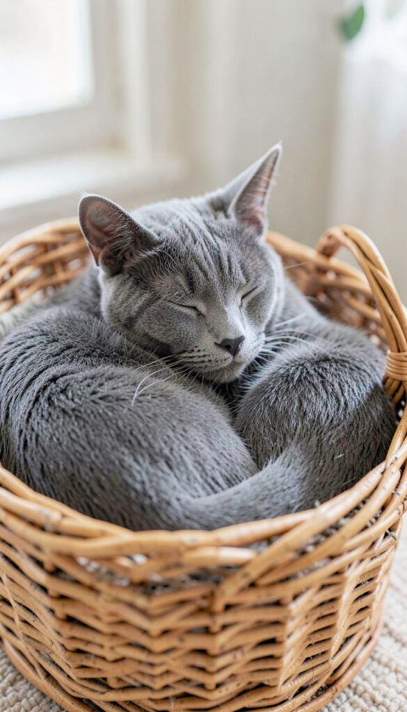Gato gris acurrucado en cesta de mimbre - imágenes de gatos tiernos HD