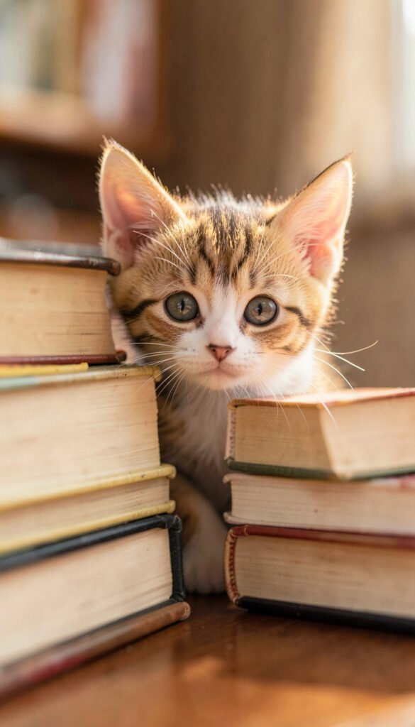 Gatito asomando entre libros - imágenes de gatos tiernos HD