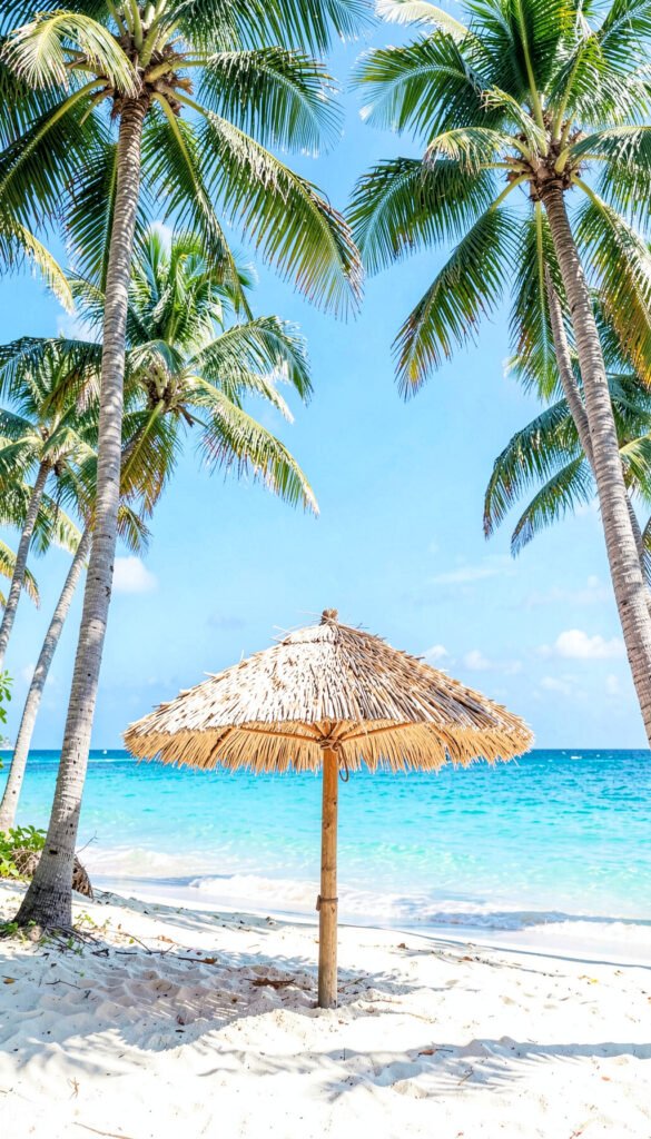 Playa con Palmeras y Sombrilla de Paja - Imágenes de Playas Paradisíacas para
